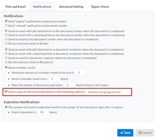 Select the send copy option and enter email address