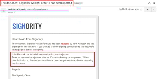 Email confirmation for rejected document